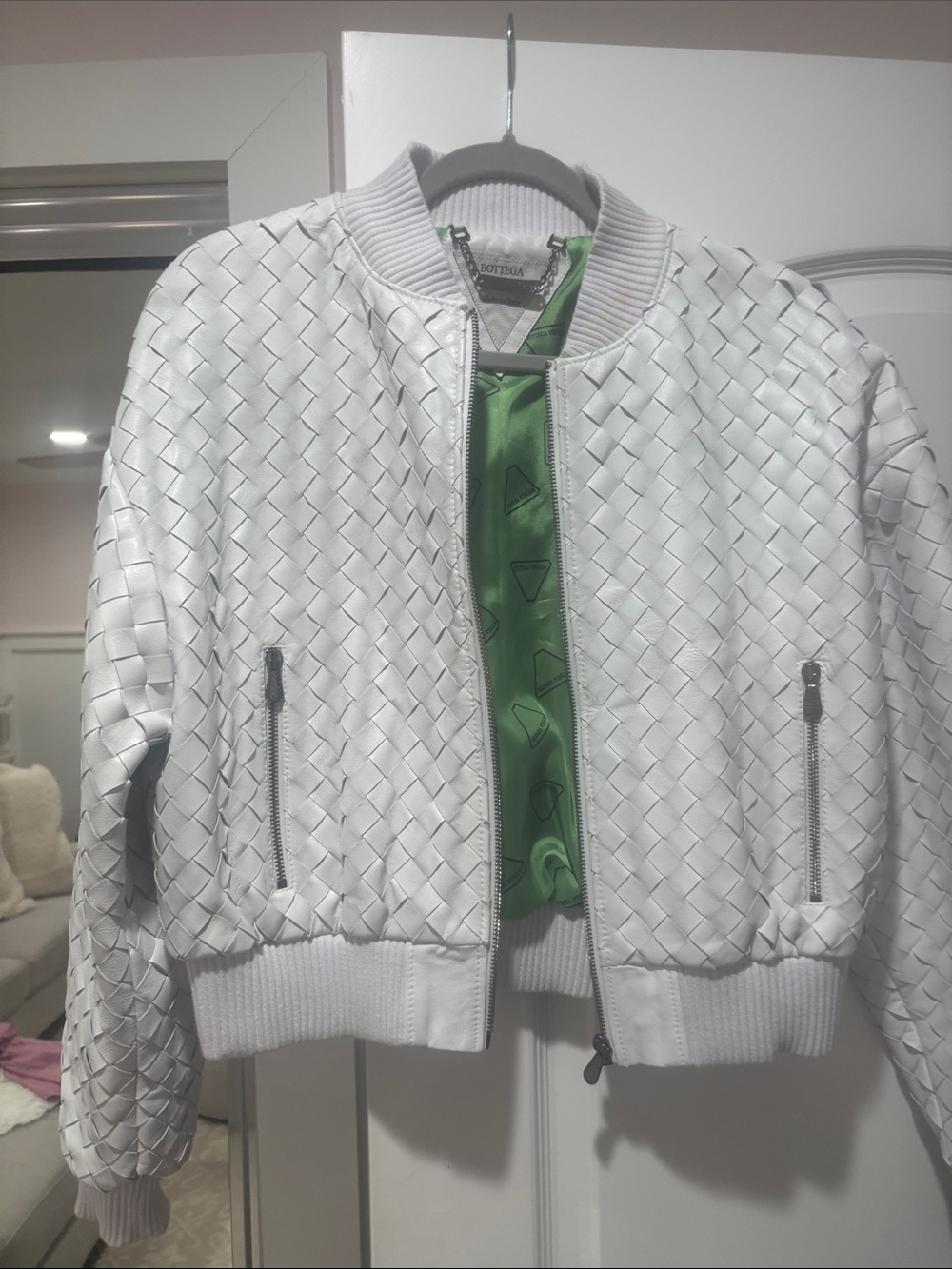 Bottega Veneta White Woven Leather Bomber Jacket with Green Lining